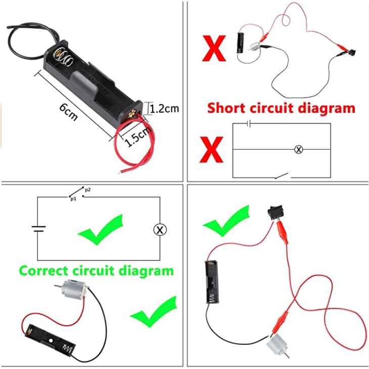 Instructional diagram from the Electric Circuit Kit showing correct and incorrect ways to build circuits, teaching kids about safe and effective circuit wiring.