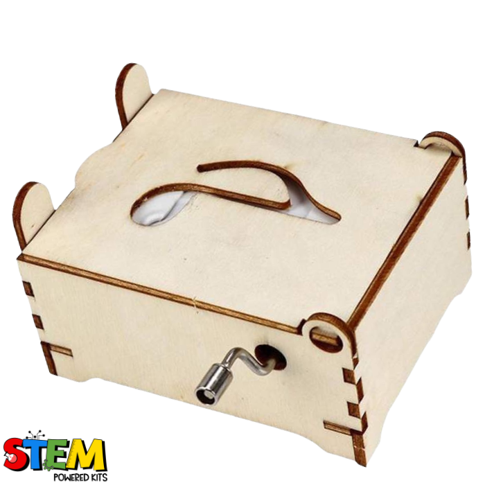Assembled Hand Crank Music Box made of eco-friendly natural wood, featuring a minimalist closed design with a crank handle on the side.