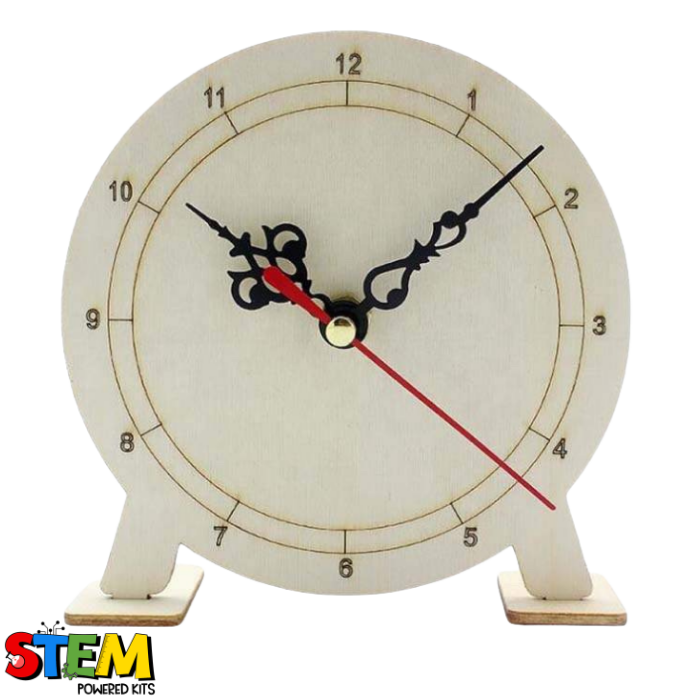 Front view of the fully assembled My Little Clock STEM Kit, showcasing its elegant wooden design and functional clock face, perfect for teaching motion and gear mechanics to kids.