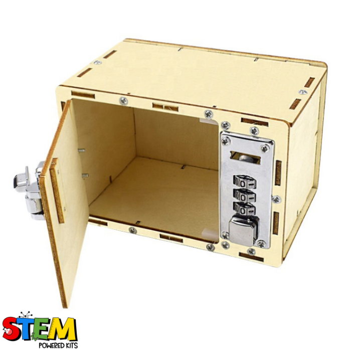 Front view of the Password Lock Box STEM Kit with its door open, showcasing a functional combination lock and spacious interior for secure storage and hands-on learning.