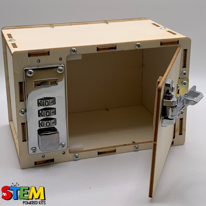 Side view of the Password Lock Box STEM Kit with its door open, highlighting the durable wooden construction and working combination lock mechanism for secure functionality.