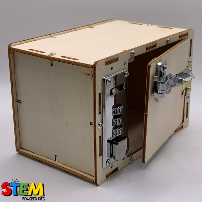 Side view of the Password Lock Box STEM Kit with its door open, highlighting the durable wooden construction and working combination lock mechanism for secure functionality.