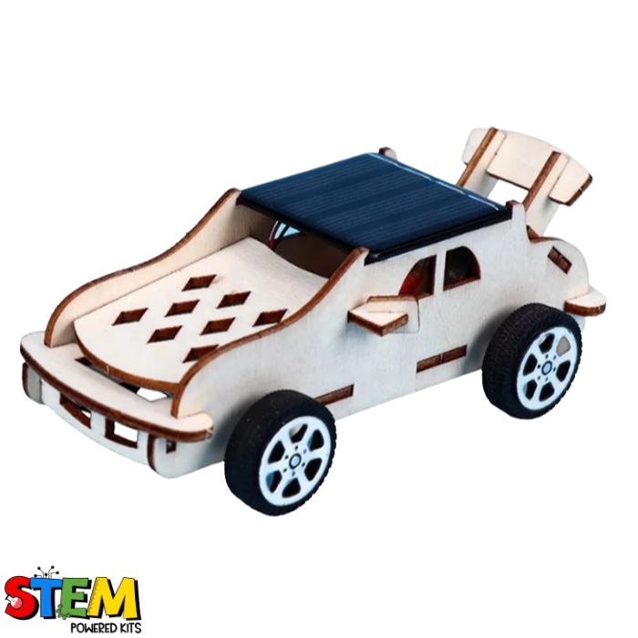 Assembled Solar Powered Race Car STEM Kit showcasing a sleek design with a solar panel on top, durable wheels, and eco-friendly wooden components for learning solar energy principles.