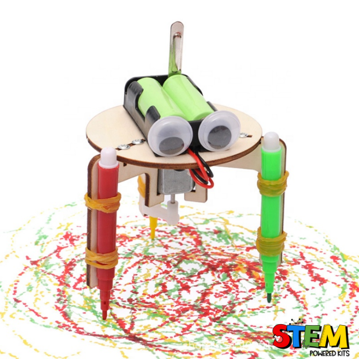 Wooden Graffiti Robot in action, creating vibrant, colorful circular patterns on paper through automated motorized movements.
