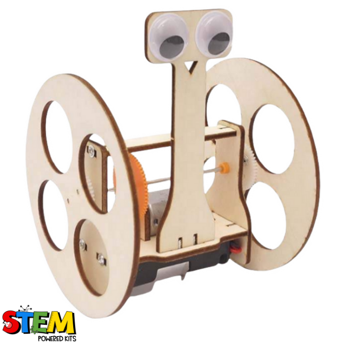 Front view of the assembled Balance Robot Buddy STEM Kit, featuring a wooden design, circular wheels, and googly-eyed details.