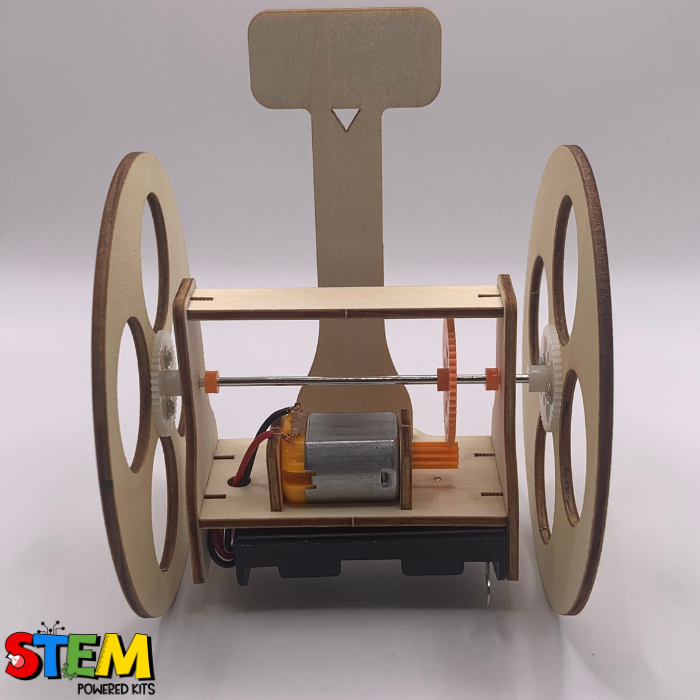 Back view of the assembled Balance Robot Buddy STEM Kit, highlighting the motor, electric wiring, and mechanical details.