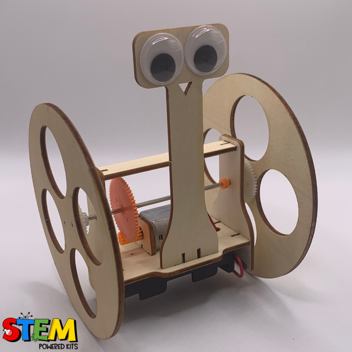 Close-up view of the Balance Robot Buddy STEM Kit, focusing on the gear system, motorized components, and wooden construction.