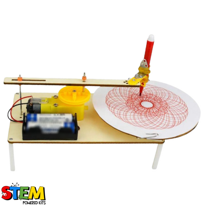 Top view of the assembled Electric Doodle Spinner STEM Kit, with a red pen creating automated spiral designs on a rotating platform powered by a motor.