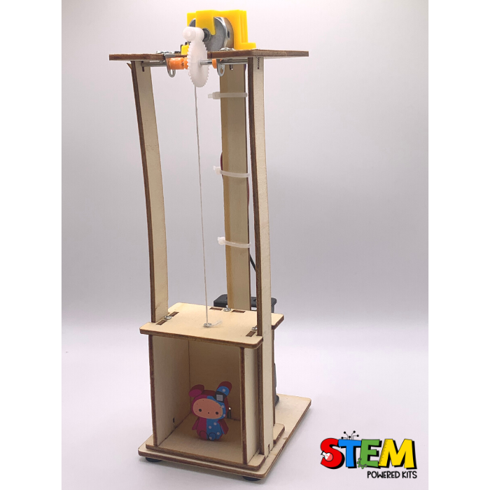Angled view of the Electric Elevator STEM Kit, showcasing the motorized pulley system and eco-friendly wooden design for STEM exploration.