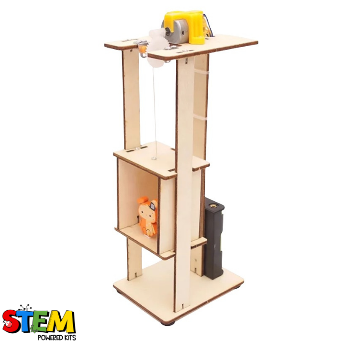 Front view of the assembled Electric Elevator STEM Kit, featuring a wooden structure, pulley system, and a moving platform powered by a motor.