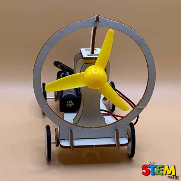 Front view of the assembled Electric Wind Car STEM Kit, showcasing the yellow propeller and motorized design that demonstrates wind power and engineering.