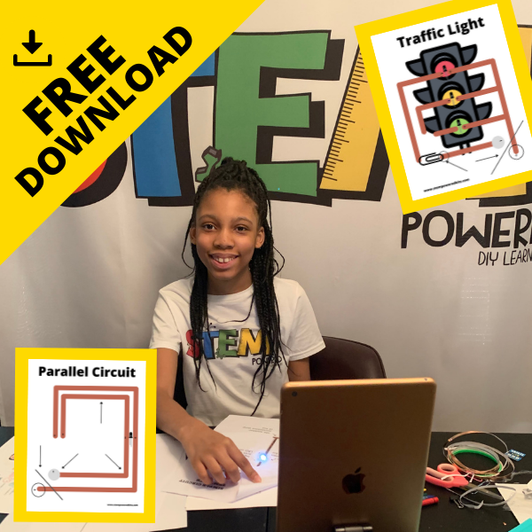"STEM Powered Kits free download image featuring Alaina Davis, Co-Owner and CEO, demonstrating paper circuit activities like Traffic Light and Parallel Circuit templates, designed for fun and educational STEM learning at home or in the classroom.