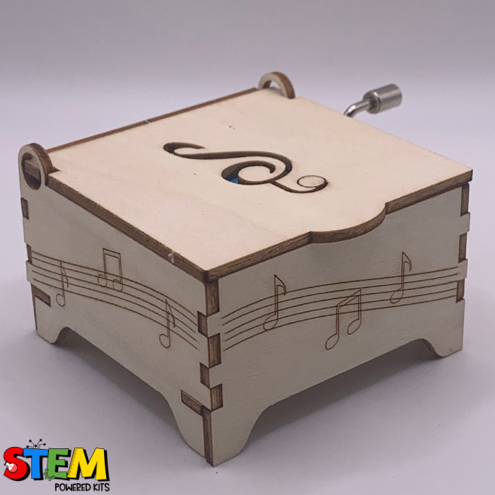 "Assembled Hand Crank Music Box made of eco-friendly natural wood, featuring a minimalist closed design with a crank handle on the side.
