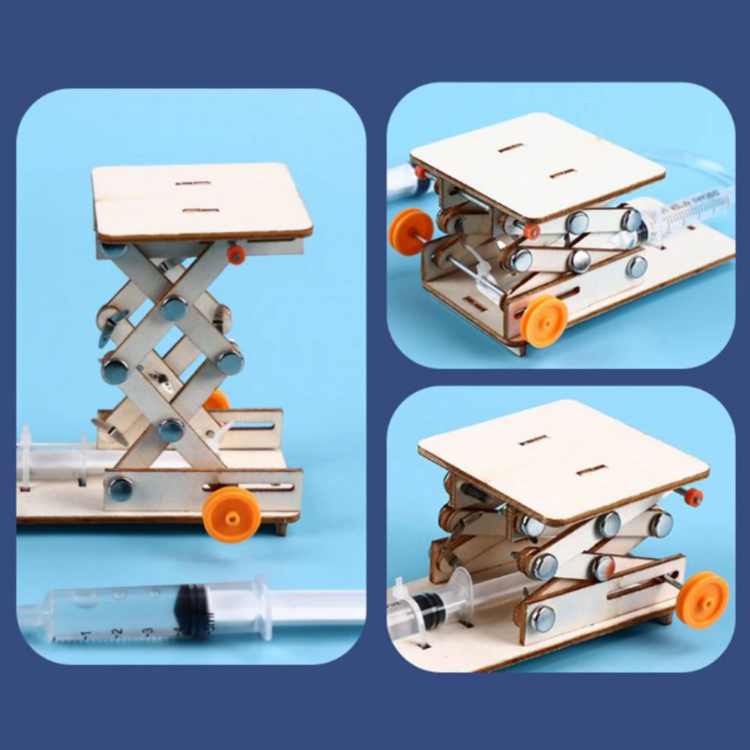 Collage showcasing the Hydraulic Lift STEM Kit in multiple views, highlighting its scissor lift mechanism and working syringes for hydraulic motion.
