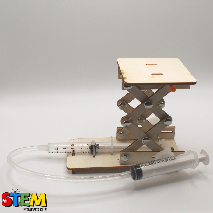 Side view of the fully assembled Hydraulic Lift STEM Kit, showcasing the working hydraulic system powered by syringes and a scissor lift design