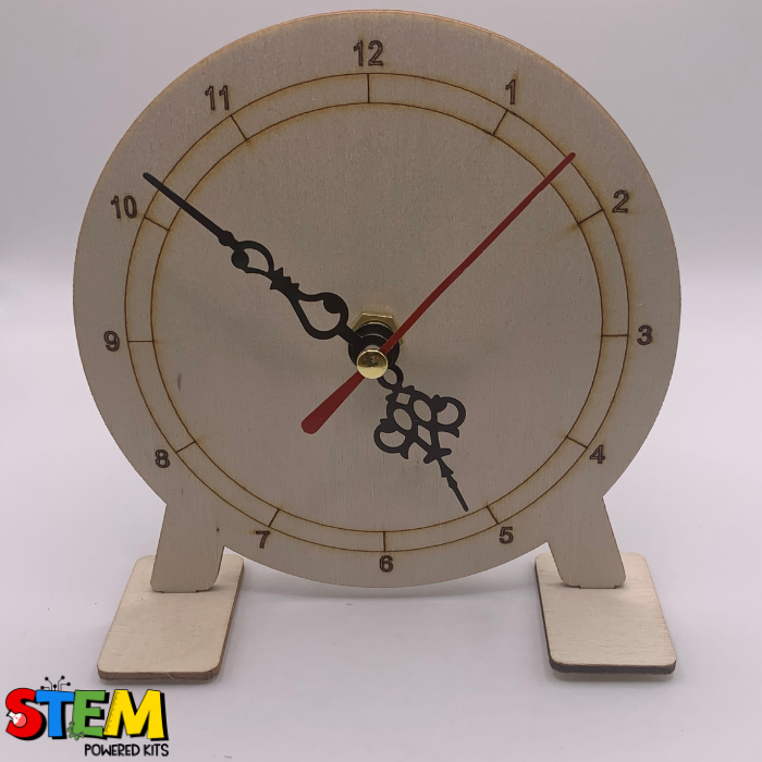 Fully assembled My Little Clock STEM Kit, a durable and reusable eco-friendly project for children to explore engineering, motion, and gears.