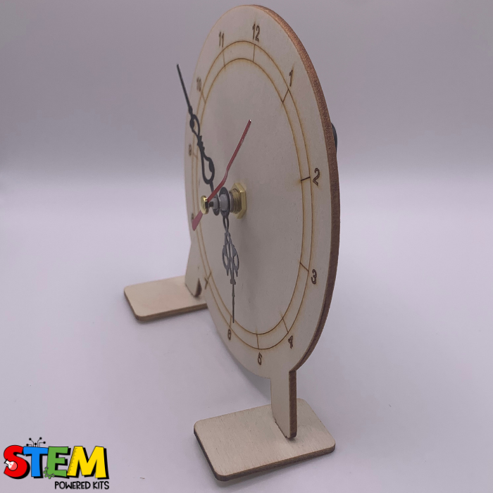 Side view of the My Little Clock STEM Kit, showcasing its sleek and minimalistic wooden design, engineered to inspire young creators in STEM concepts.