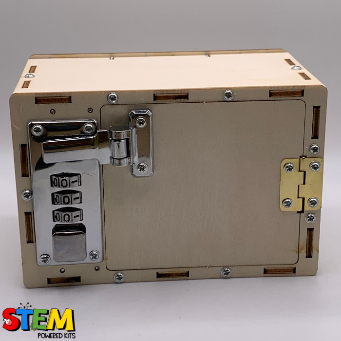 Side view of the Password Lock Box STEM Kit with its door closed, featuring a sturdy design, combination lock, and hinge system, ideal for teaching codes and engineering.