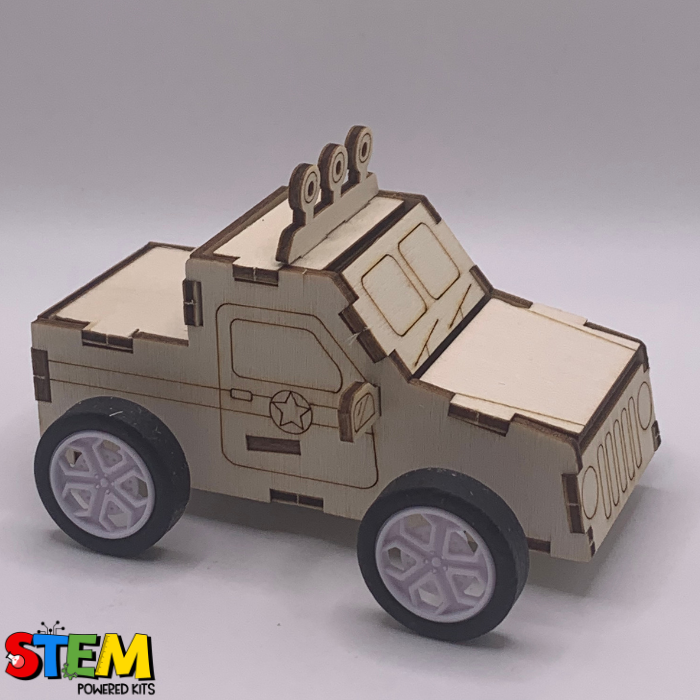 Front and side view of the Pull-Back Race Car STEM Kit, highlighting its robust structure, wood detailing, and motion mechanism for engineering exploration.