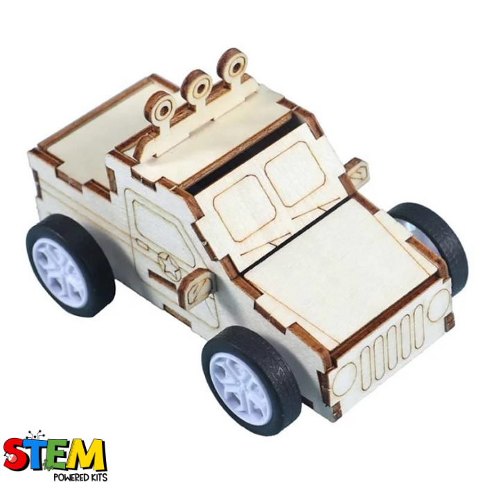 Front view of the Pull-Back Race Car STEM Kit, showcasing a completed wooden race car with durable tires, a pull-back motor, and paintable design for creative learning.