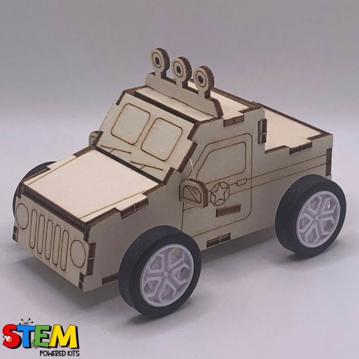 Side angle view of the Pull-Back Race Car STEM Kit, showcasing its paintable wood panels, realistic car design, and working pull-back motor for fun STEM learning.