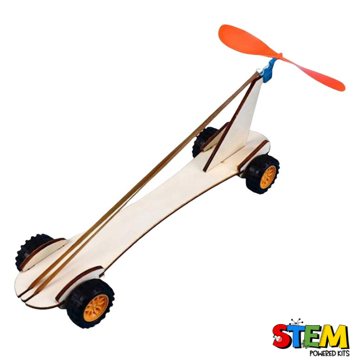 Assembled Rubber Band Race Car STEM Kit, featuring a sleek design with rubber band propulsion, durable wheels, and paintable wooden parts for hands-on STEM learning.