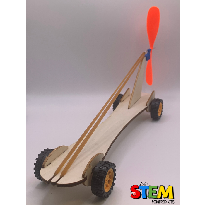 Back view of the Rubber Band Race Car STEM Kit, showcasing the aerodynamic design, functional propeller, and durable wheels for hands-on learning of motion and forces.