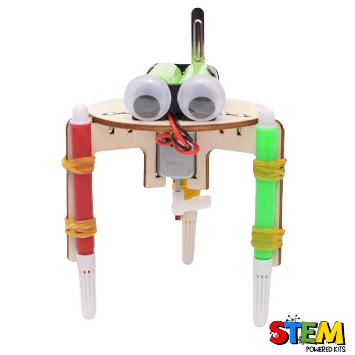 Assembled wooden Graffiti Robot featuring googly eyes, colorful markers, and a motorized system for creative automated drawing activities.